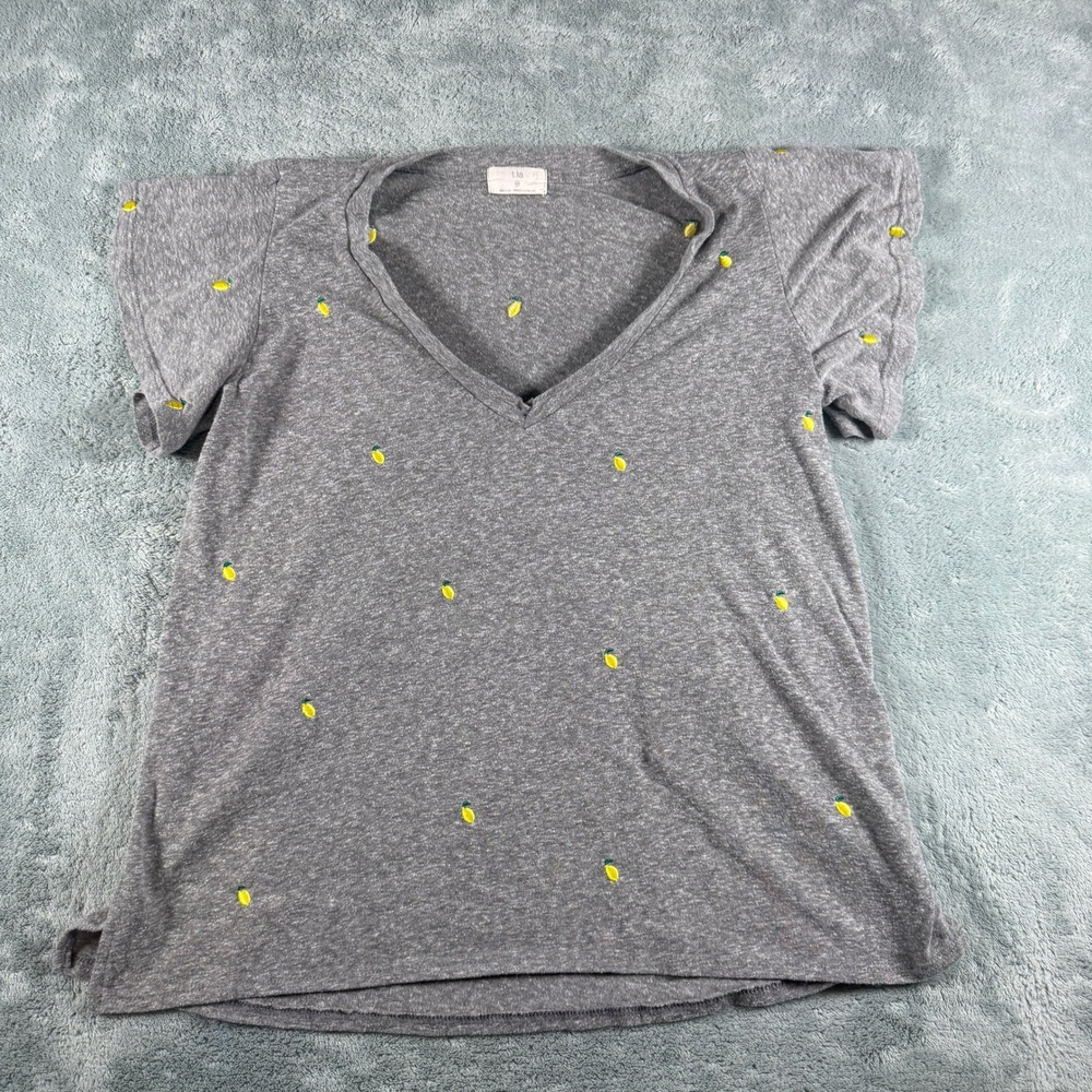 T.la Anthropologie Womens XS Gray Lemon V-Neck Flutter Sleeve T-Shirt
